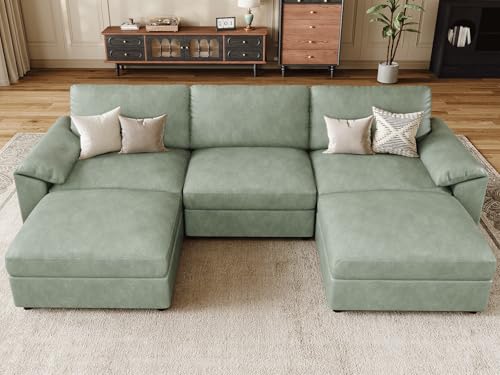 Image of EASE MOOSE Deep Seat Sectional Couch, Scratch Resistant Faux Leather Material, 5-Seat Oversized Modular Sofa for Living Room,U Shaped Classic Comfy Sofas for Living Room,Green