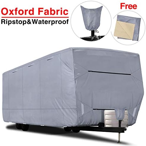 RVMasking Upgraded 100% Waterproof Oxford Travel Trailer RV Cover, Fits 31'7" - 34' RVs - Easy Installaiton Anti-UV Ripstop Camper Cover with Tongue Jack Cover & Adhesive Repair Patch