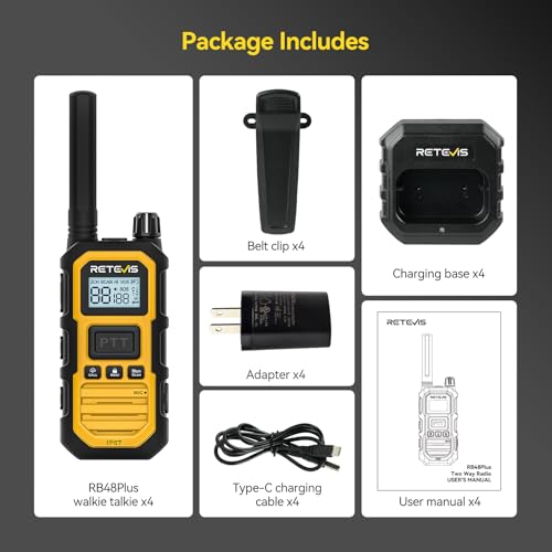Retevis RB48 Plus IP67 Waterproof Heavy Duty Long Range Walkie Talkies, GMRS Radio, Construction Jobsite Two Way Radio, NOAA, Shock Resistant, Dual PTT, Emergency, Vibration Reminder(4 Pack) by Retevis - Image 9