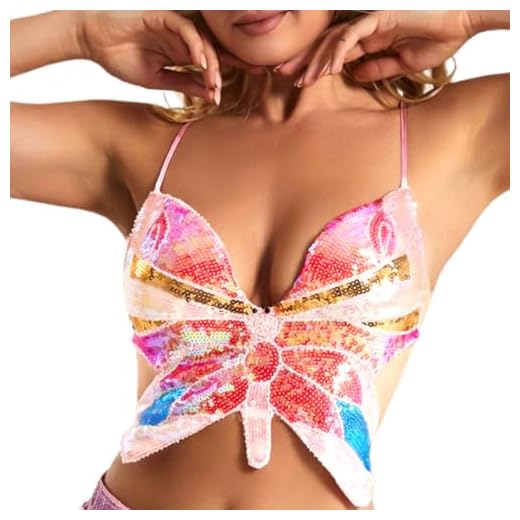 REETAN Sequins Bra Tops Butterfly Crop Top Party Belly Dance Tops Fashion Rave Costume for Women and Girls (B-Pink)