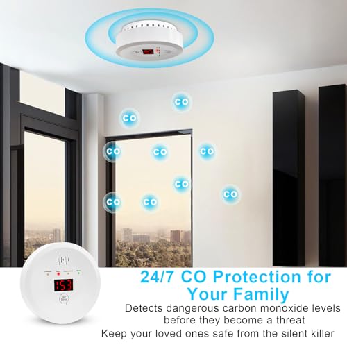Image of Carbon Monoxide Detector, Replaceable Battery-Operated Carbon Monoxide Alarm Detectors with Digital Display & LED Lights. CO Alarm Applicable to Home, Warehouse