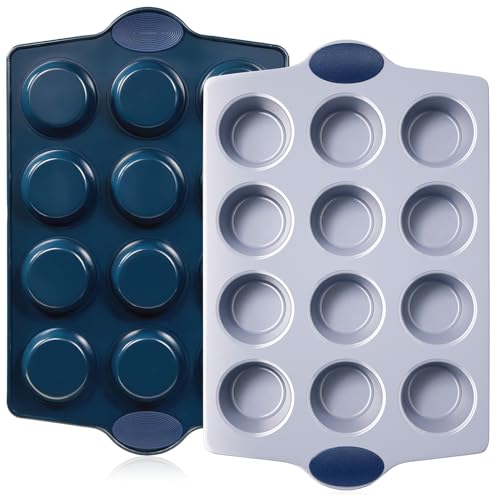 BRONYPRO Ceramic Muffin Pan, 12-Cup Nonstick Aluminized Steel Cupcake Pans, Healthy Non-Toxic Ceramic Coating Muffin tin, 2 Pack Cup Cake Pans for Baking Blue