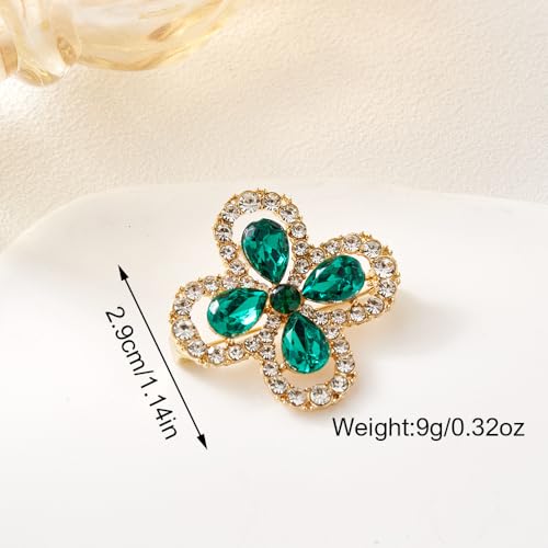 Image of Rhinestone Clover Leaf Brooch Pin, Green Four Leaf Clover Pin Shamrock Lapel Pin, Gold Plated Vintage Crystal Flower Brooches