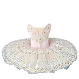 Omfpafeu Tutú de Ballet Profesional Bordado para niña, tutú de panqueque del Lago de los cisnes, Disfraz de Bailarina para Fiesta, Vestido de competición de Ballet,Rosado,130