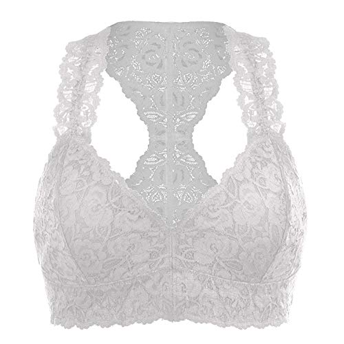 Rolewpy Women's Sexy Lace Bra Removable Padded Racerback Breathable Bralette Bustier Sports Bras (White, M(36A 36B 36C 36D))