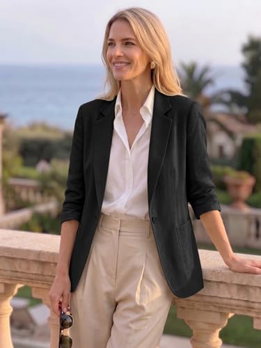 Image of Mina Self 2026 Summer Women's Linen Blazer Jacket - Lightweight Breathable 3 /4 Stretchy Ruched Sleeve Casual Work with Pocket