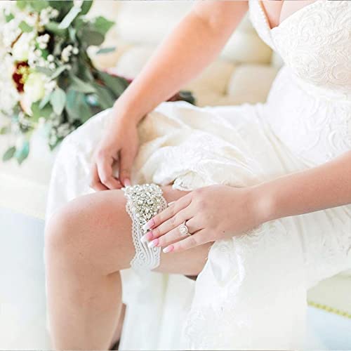 yanstar Wedding Bridal Garter Stretch Lace Bridal Garter Sets with Rhinestones Clear Crystal Pearl for Wedding4