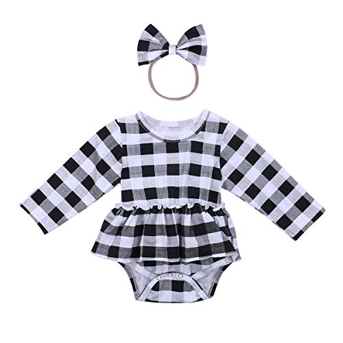 Infant Baby Girls Christmas Plaid Romper Ruffle Tutu Jumpsuit Playsuit+Headband Fall Clothes (Black,0-3 Months)