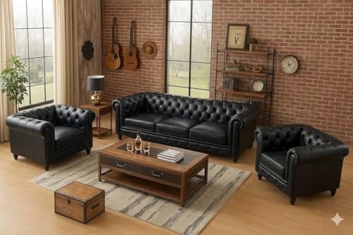 Image of Classic Leatherette Chester Sofa Set Button Tufted, Classic Style Sofa Set 3-Person Sofa for Living Room, Office, and Hallway Colour (Black Leatherette, 3+1+1= 5 Seater Sofa)