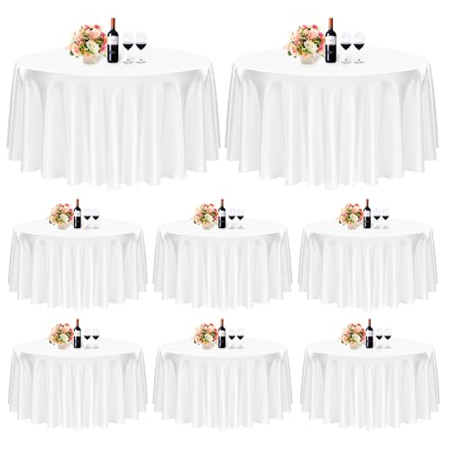 FXKS 8 Pack White Satin Round Tablecloths, 90 Inch, Fits 8 FT Tables