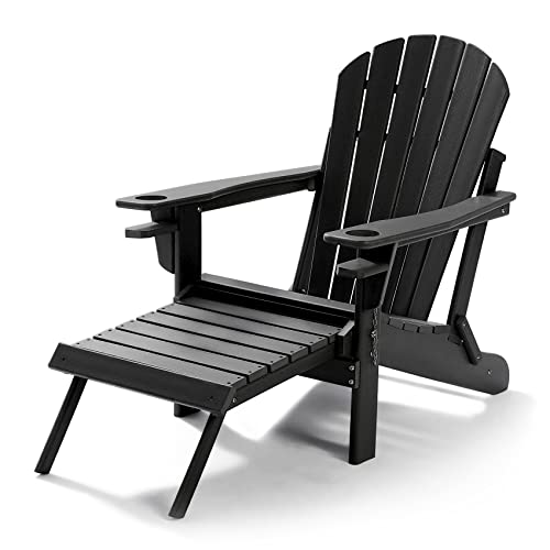 Ivy&Lane Plastic Adirondack Chair With Cup Holder - Outdoor Folding Adirondack Chaise Lounge Chairs With Retractable Ottoman For Garden Patio Backyard Lawn Beach #TOP6