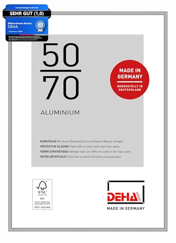 DEHA Design Bilderrahmen, 50 x 70 cm, Aluminium, Silber matt, Posterrahmen zum Aufhängen im Hoch- & Querformat, bruchsicheres Kunstglas, Boston