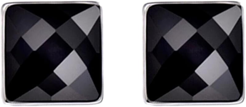 Sterling Silver Square Black Agate Solitaire Rubover Stud Earrings 7mm Unisex