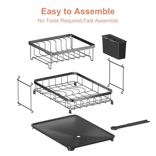 E-MANIS Dish Drying Rack,Dish Rack for Kitchen Counter,2 Tier Dish Rack w/a Cutlery Holder Compact Dish Drainers with 360° Swivel Drain Spout for Dishes,Cup,Knives,Spoons,Forks,Black, rzx-6371 - Image 4