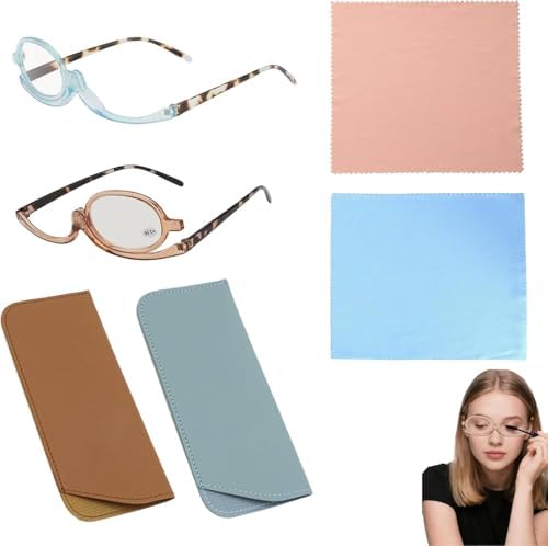 Magnifying Flip‑Lens Makeup and Reading Eyewear Set 2.5X Magnification 2 Pack with Blue Trim and Light Brown Trim Frames Compact for Makeup Application and Close‑Up Tasks with Carrying Pouches