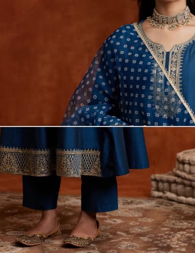 Image of Amazon Brand - Myx Women's Embroidered Anarkali Kurta Pant Set with Organza Dupatta | A-line fit (Available in Plus Sizes)