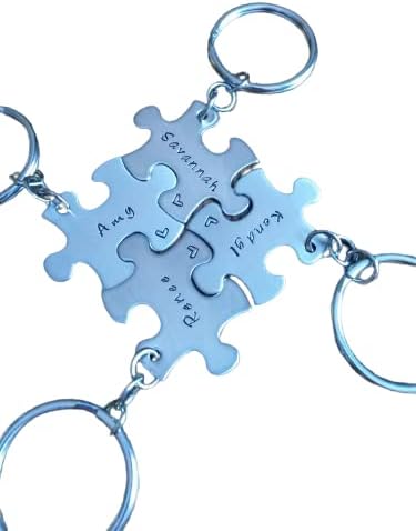 Hand Stamped Personalized Puzzle Piece Keychains - Great for Best friends - Family - Bridal Party - Sisters - Mother Daughter Keychains - Wedding Party - Set of 4
