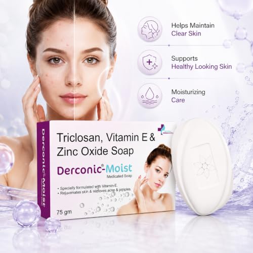 Image of Derconic Moist Antibacterial Soap with Triclosan, Vitamin E & Zinc Oxide | Acne & Pimple Removal Moisturizing Medicated Soap for Men & Women | 75 gm
