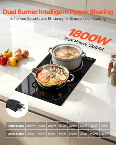 Image of VEVOR Electric Cooktop 12inch 2 Burners Portable Stove Top 1800W 120V, Ceramic Countertop /Built-in Radiant Electric Stove, with 9 Power Levels, Timer, Child Lock, Over-Heat Guard, Touch Control