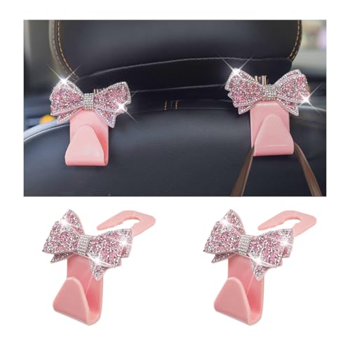 Zpana Bling Car Headreat Hook, 2PCS Crystal Rhinestone Cute Bow Vehicle Seat Back Hanger Storage for Purses Bags Grocery, Diamond Auto Rear Seat Organizer, Universal for SUV Truck Sedan (Pink)