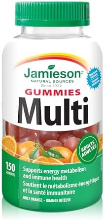 Jamieson Multivitamin Gummies for Adults Juicy Orange Flavour, Supports Immunity, Energy and Overall Health. With Zinc, Vitamin D3, and Biotin, Vegetarian, Non-GMO, No Gluten, Artificial Colours, Flavours or Preservatives, 150 Count