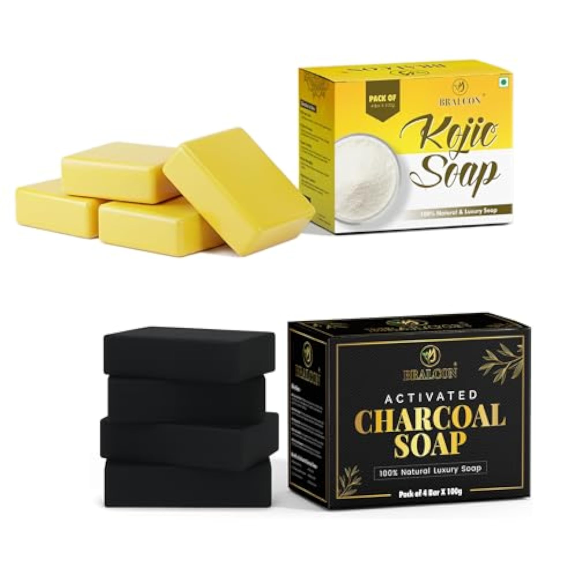 Activated Charcoal Soap and Kojic Soap, Pack of 8, 100g Each