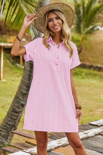 Image of Zeagoo Womens Cotton Shirt Dress Summer Casual Short Sleeve Button Down Beach Cover Up Shirts with Pockets