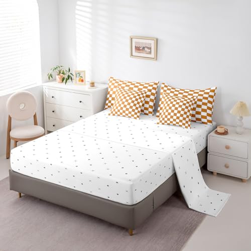 Image of Erosebridal White Orange Checkered Queen Bedding Set 7 Piece Buffalo Plaid Grid Comforter Set with Sheets,Checkerboard Bed in A Bag for Kids Adults Men Women Aesthetics Gingham Bed Set