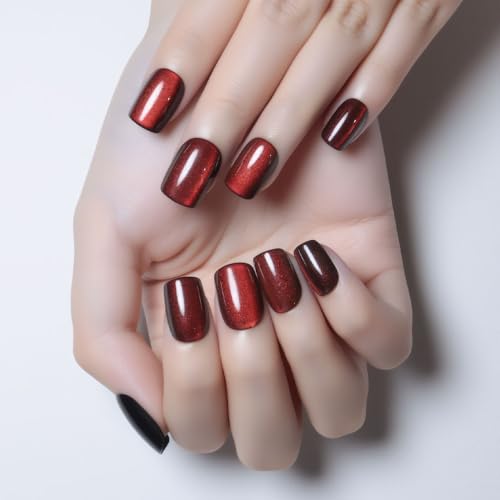 Short Square Stick on Nails for Women Gift, Red Glitter Glossy Fa...