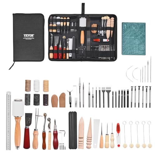 VEVOR Kit de travail du cuir, 59 pièces, outils d'artisanat du cuir avec sac de rangement en toile, pour gravure, poinçonnage, couture, estampage, découpe,...