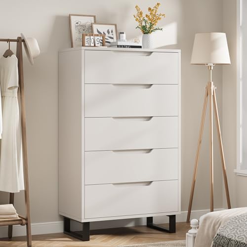 GarveeHome 5 Dresser for Bedroom, 50" Tall Dresser, Freestanding Vertical Drawer with Storage, Wooden Closet Chest Storage for Living Room, Hallway, Entryway, White