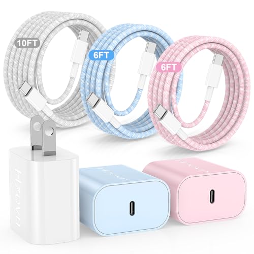 Hzevn 20W USB C Fast Charging for iPhone 17 Air/16/15 Pro Max,3Pack Colorful Mixed Charger Block with Braided Long USB C to C Cables (6/6/10ft) Compatible with iPhone16/15 Pro/15 Plus/iPad Pro