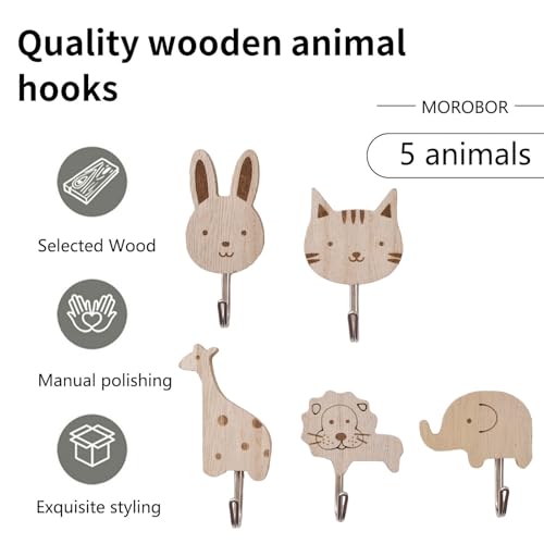 MOROBOR Wooden Animal Hooks, 5pcs Decorative Coat Wall Mounted Hangers Cats, Lions, Rabbits, Giraffes, Elephant Shape Hook for Kids Room Nursery Bedroom Decor by MOROBOR - Image 3