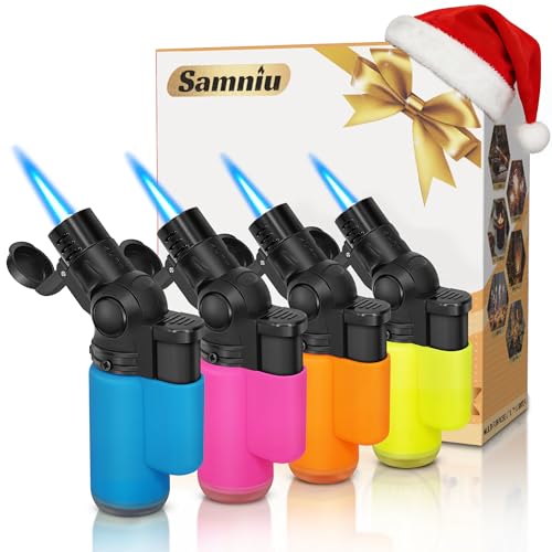 SAMNIU Pack of 4 Torch Lighter, Mini Jet Flame Butane Lighters, Multi-Purpose, 45° Rotatable for Campfires, Candle, Fireplaces, Christmas Party Favors (Gas not Included)