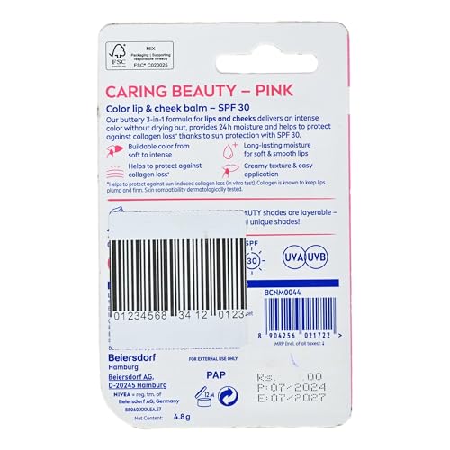 Image of Nivea Caring Beauty Pink Lip Balm, 4.8 gm