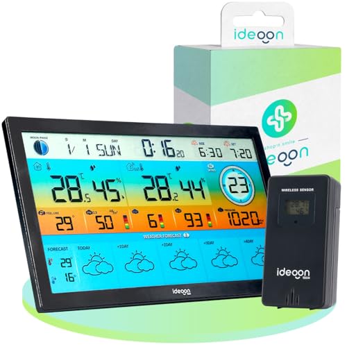 ideoon WLAN Funk Wetterstation mit XXL-Farb-Display – 5 Tage Wettertrend, Thermometer/Hygrometer, Feinstaub & UV-Index, Barometer, Tuya App