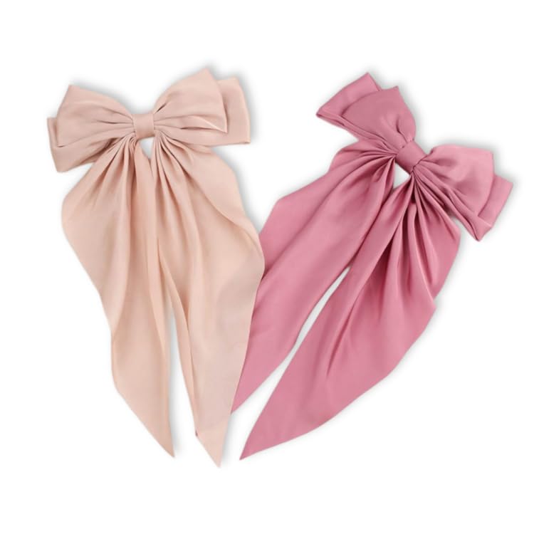 Image of FilterFashion Big Satin Layered Hair Bows for Women Girls 11.5 Inch Barrette Hair Clip Long Back Ribbon Bows French Style Hair Accessories (Onion Pink,Light Peach)