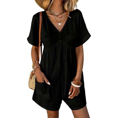 Juketron Monos informales de verano para mujer, pantalones cortos holgados de manga corta con cuello en V, monos con bolsillos, mono con peto liso, color negro-XL