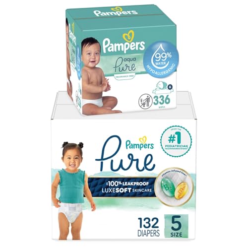 Pampers Pure Protection Disposable Baby Diapers Size 5, 132 Count with Aqua Pure Baby Wipes, 6X Pop-Top Packs (336 Count)