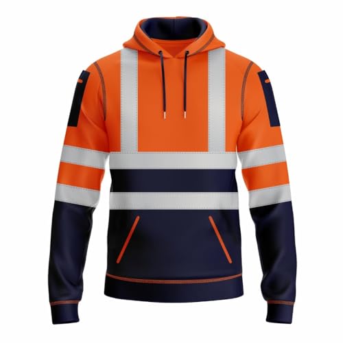 Image of kraftd Mens Hi Vis Hoodie with Reflective Tape Pullover High Vis Hoodies for Safety Workwear Utility Zipped Pockets Work Hoodies for Men High Visibility Sweatshirt (Navy/Orange, XL)