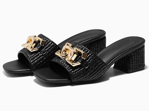 Image of Coutgo Womens Raffia Slide Sandals Chunky Block Heeled Square Open Toe Metal Chain Slip on Mules Dressy Shoes