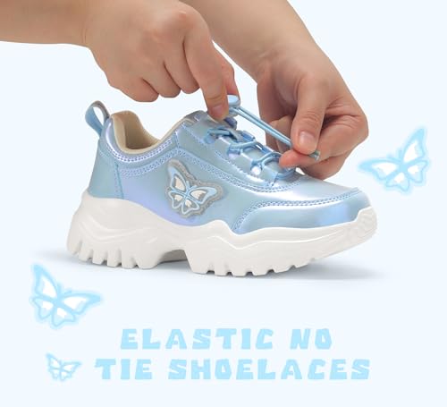 LUCKY STEP Kids Chunky Sneakers Fashion Platform Walking Tennis Shoe Sparkly Butterfly Faux Leather Elastic No-tie Laces School Shoes for Girls Boys3