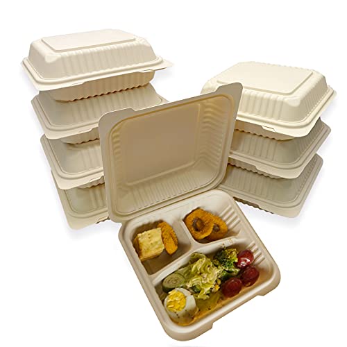 Szeyuen Eco-Friendly Clamshell Take Out Food Containers [8X8" 3-Compartment 50-Pack] Disposable To Go Containers For Food - Non Soggy, Leak Proof, Microwave And Freezer Safe #TOP20