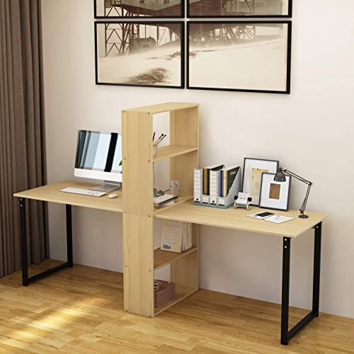 Sogespower 2-Person Computer Desk With Bookcase Shelf, 88.2" Double Computer Desk For 2 Writing Desk Large Home Office Desk Workstation, Maple #TOP4