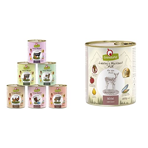 GranataPet Liebling's Mahlzeit Multipack 2, Nassfutter für Hunde im Probierpaket, 6 x 800 g & Liebling's Mahlzeit Wild PUR, Nassfutter für Hunde, Hundefutter ohne Getreide & Zuckerzusätze, 6 x 800 g