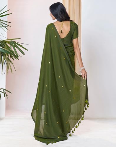 Image of SIRIL Women's Cotton Linen Sequence Saree With Unstitched Blouse Piece