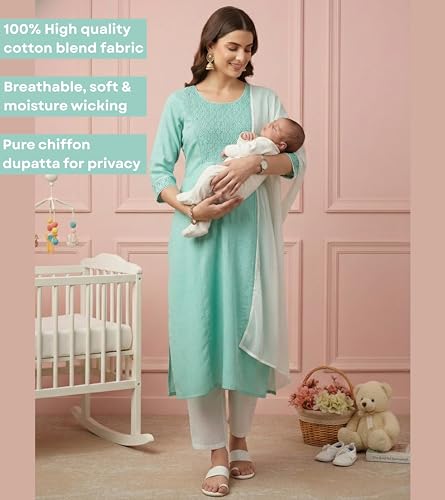 Image of DUMMY SHAPE Feeding Kurta Set for Women Cotton Blend | Floral Embroidered Pregnancy Kurta Pant Dupatta with Nursing Zippers | Pre & Post Partum | Maternity Dresses | Mom to Be Gifts