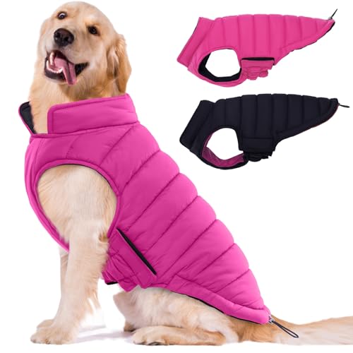 Image of Lelepet Reversible Dog Coat Windproof Dog Puffer Jacket Lightweight Vest | Warm Puffer Vest for Winter Coats for Extra Large Dogs Adjustbale Hook & Loop Pet Apparel with Leash Hole, Golden Retriever