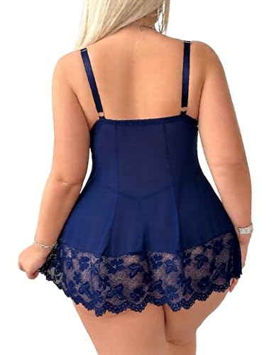 Image of Alrovetoney Women Plus Size Babydoll Lingerie Lace Chemise Mesh Sleepwear Strappy Sexy Nightgown Boudoir Outfit L-4XL