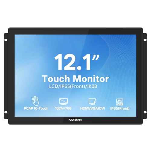 Image of 12.1 Inch Industrial Embedded Touchscreen Monitor - 1024x768 IP65 Open Frame, IPS, VESA Mount,10-Point Capacitive Touch Display, HDMI /VGA /DVI /USB Ports, for Automation & HMI, POS, Self-Service